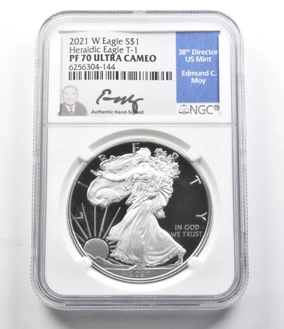 PF70 UCam 2021-W American Silver Eagle Heraldic Eagle T-1 Moy Signed NGC a5847
