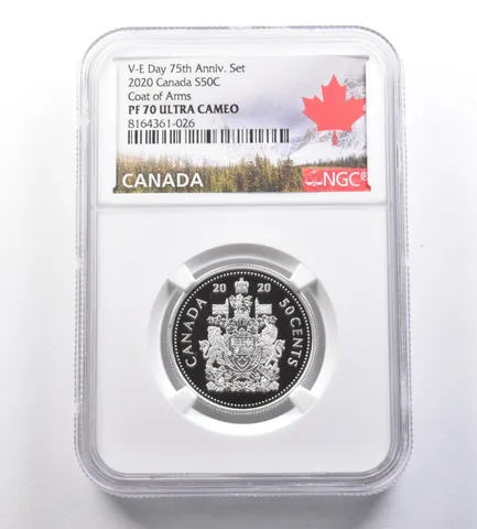 2020 Canada 50 Cents Silver V-E Day 75th Set Coat Of Arms PF70 NGC a7088