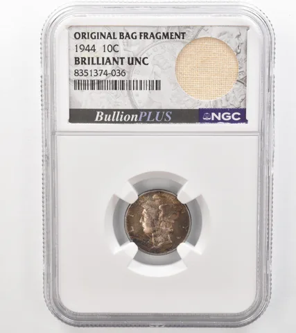 1944 Mercury Dime Original Bag Fragment BU NGC Beautiful Tone *9129