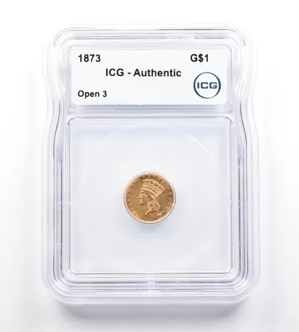 1873 $1 Indian Princess Head Gold Dollar Piece Open 3 Authentic ICG *0383