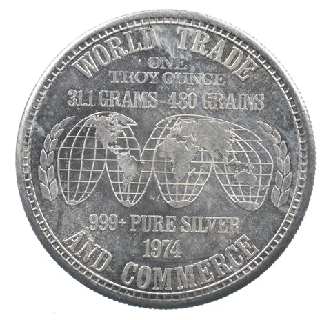 VINTAGE Art Bar/Round 1974 World Trade and Commerce 1 Oz. Silver 1 T Ounce *235