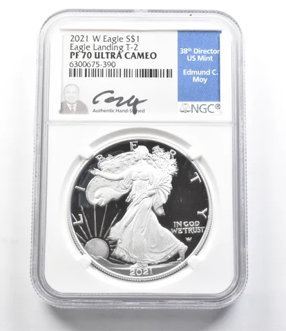 PF70 UCAM 2021-W American Silver Eagle Landing T-2 Moy Signed NGC *5812