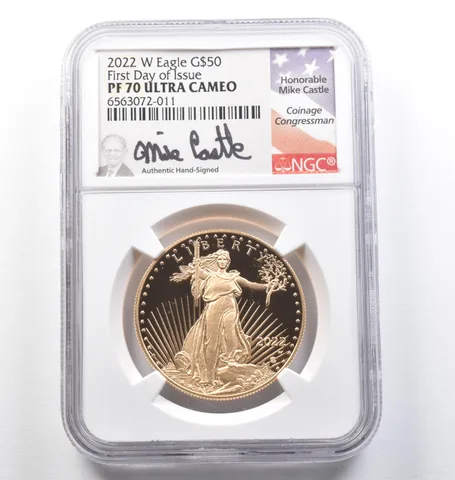 2022-W $50 American Gold Eagle FDOI Mike Castle 1 Oz Gold PF70 UCAM NGC *9491