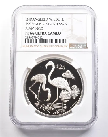 1993 FM British Virgin Islands 25 Dollars Silver Flamingos PF68 UCAM NGC *4934