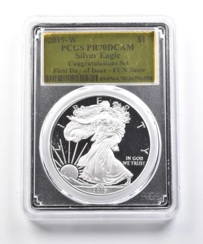 2019-W American Silver Eagle Congratulations Set FDOI FUN Show PR70 PCGS a3983