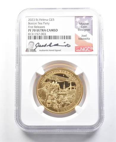 2023 St Helena 5 Pound Gold Boston Tea Party Joel Iskowitz FR PF70 NGC *5472