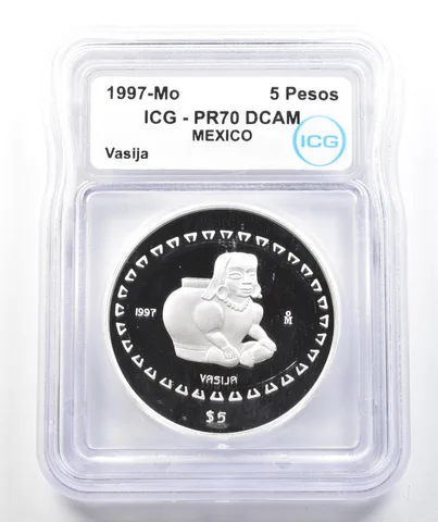 1997 Mo Mexico 5 Pesos Silver Vasija 1 Oz PR70 DCAM ICG *9884