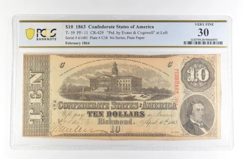 1863 $10 Confederate States Large Note T-59 PF-11 CR-429 VF 30 PCGS *4164
