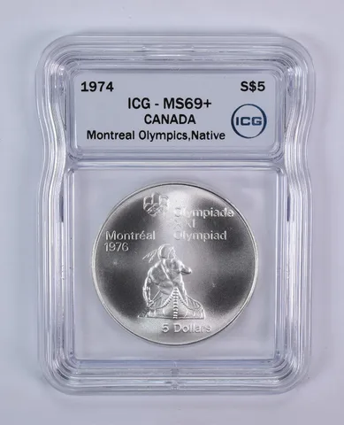 1974 Canada 5 Dollars Silver Montreal Olympics Native Canoe MS69+ ICG