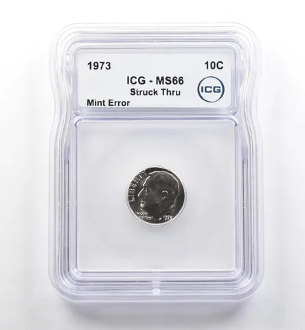 1973 Roosevelt Dime Mint Error Struck Thru MS66 ICG *7494