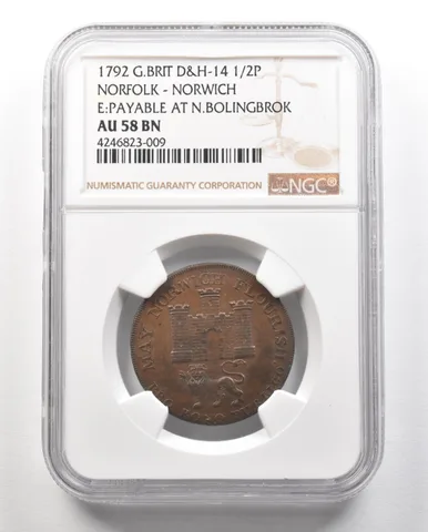 1792 G. Britain D&H-14 1/2 Penny Norfolk-Norwich E: Payable AU58 BN NGC a4764