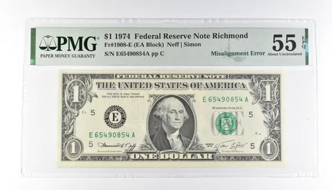 PMG 55 AU EPQ $1 1974 FRN Richmond Fr#1908-E Misalignment Error *3187