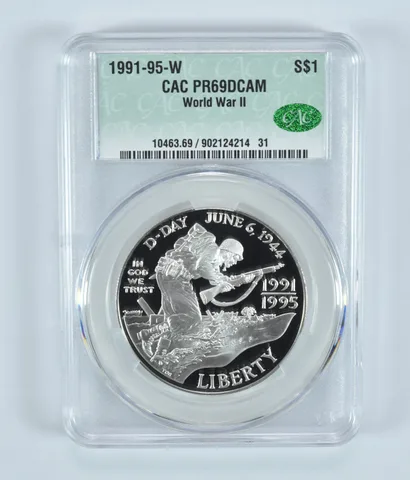 1991-95-W World War II Commemorative Silver Dollar PR69 DCAM CAC CACg
