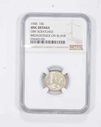 UNC Details 1945 Mercury Dime - OBV Scratched - Broadstruck On Blank - NGC *3077