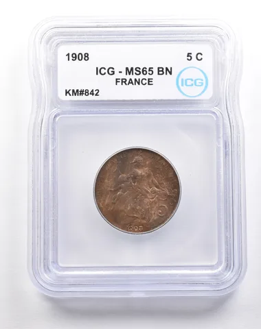 1908 France 5 Centimes KM#842 MS65 BN ICG *5486