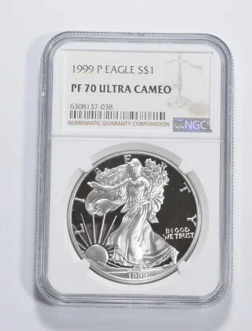 1999-P American Silver Eagle 1 Oz PF70 UCAM NGC Brown Label
