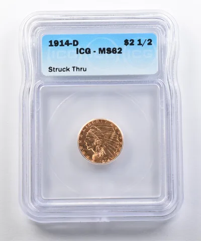 1914-D $2.50 Indian Head Gold Quarter Eagle Struck Thru MS62 ICG a5015