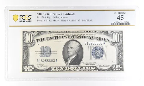 1934 B $10 Silver Certificate Fr#1703 Choice XF 45 PCGS *2831