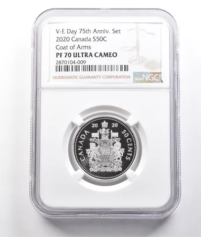 2020 Canada 50 Cents Silver Coat Of Arms VE Day 75th Set PF70 NGC a3798