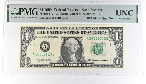 1999 $1 Boston MA FRN Fr#1924-A BEP Millennium Note PMG Fancy Serial *8099