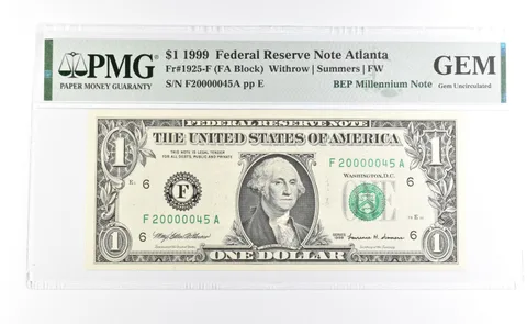 PMG GEM 1999 $1 GA US FRN BEP Millennium Note Fr#1925-F LOW Serial *1040