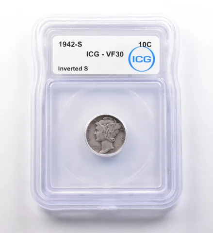 1942-S Mercury Dime Inverted S VF30 ICG a9717