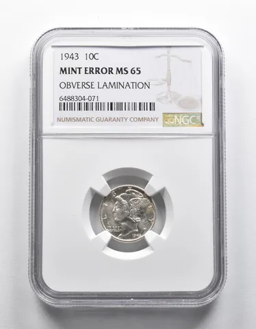Mint Error MS65 1943 Mercury Dime OBV Lamination NGC a1891