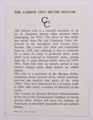 COA GSA Certificate Original Card for Morgan Silver Dollar 73.11321