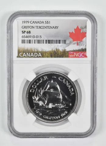1979 SP68 Canadian $1 Silver Dollar Griffon Tercentenary NGC Canada Lbl