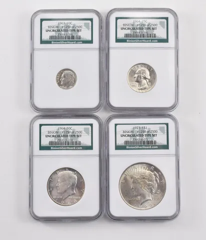 Lot (4) 1923/1963/ Peace Dollar/Half/Quarter/Dime Binion UNC Type Set NGC *3490