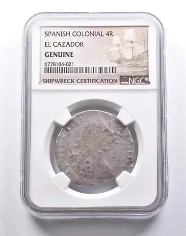 Genuine El Cazador Spanish Colonial 4 Reales NGC Shipwreck Certification *3684