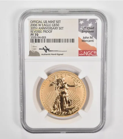 REV PF70 2006-W $50 American 1 Oz Eagle Anniv Signed Mercanti NGC *1394