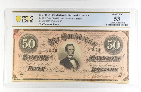 1864 $50 Confederate States America Large Note T-66 PF-8 CR-499 AU 55 PCGS *4213