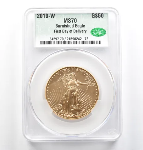 2019-W $50 Burnished Gold Eagle First Day Of Delivery 1 Oz MS70 CAC CACg *9829