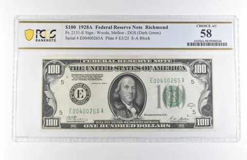 1928 A $100 Richmond VA FRN Fr#2151-E DGS Choice AU 58 PCGS a7860