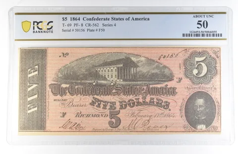 1864 $5 Confederate States Of America T-69 PF-8 CR-562 About Unc 50 PCGS *8146