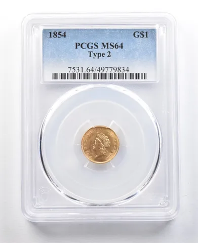 1854 $1 Indian Princess Head Gold Dollar Type 2 MS64 PCGS a5177
