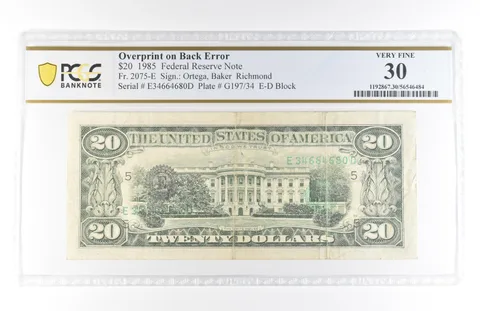 1985 $20 Richmond VA FRN Fr#2075-E Very Fine 30 PCGS Overprint Error *5815