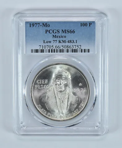 1977 Mo Mexico 100 Pesos Silver MS66 PCGS Blue Label