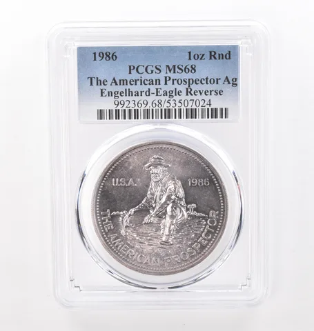 1986 1 Oz Silver Engelhard American Prospector MS68 PCGS Beautiful Tone *4312
