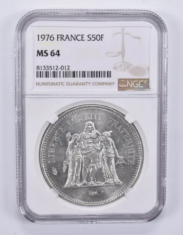 1976 France 50 Francs Silver MS64 NGC Brown Label