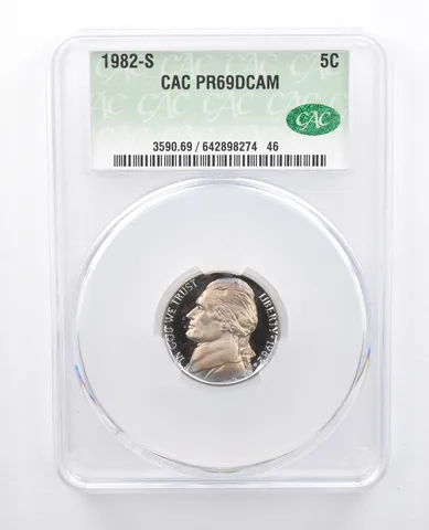 1982-S Jefferson Nickel PR69 DCAM CAC Blue Peripheral Tone *7677