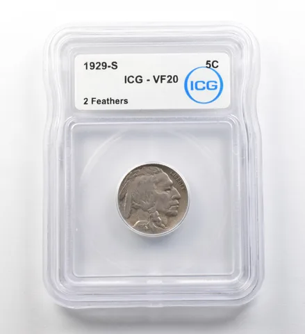 1929-S Indian Head Buffalo Nickel 2 Feathers VF20 ICG ERROR a8197