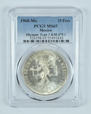 1968 Mo Mexico 25 Pesos Olympic Type 1 MS65 PCGS Blue Label