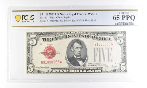 1928 F $5 US Legal Tender Wide I Fr#1531 Gem Unc 65 PPQ PCGS a2373
