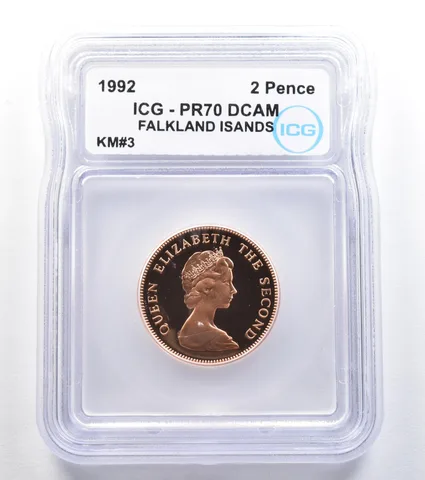 1992 Falkland Islands 2 Pence KM#3 PR70 DCAM ICG *7995