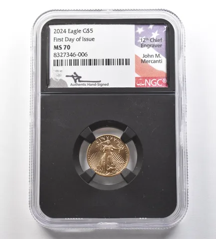 2024 $5 American Gold Eagle Mercanti FDOI 1/10 Oz Gold MS70 NGC *0993