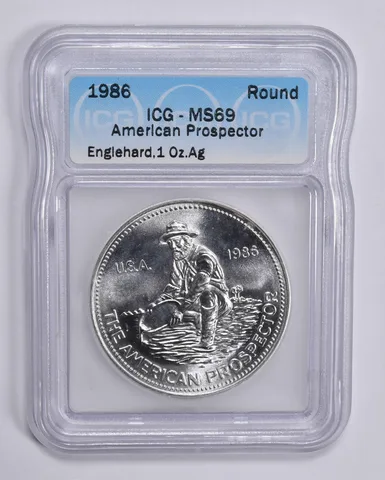 1986 Engelhard American Prospector 1 Troy Oz Silver Round MS69 ICG