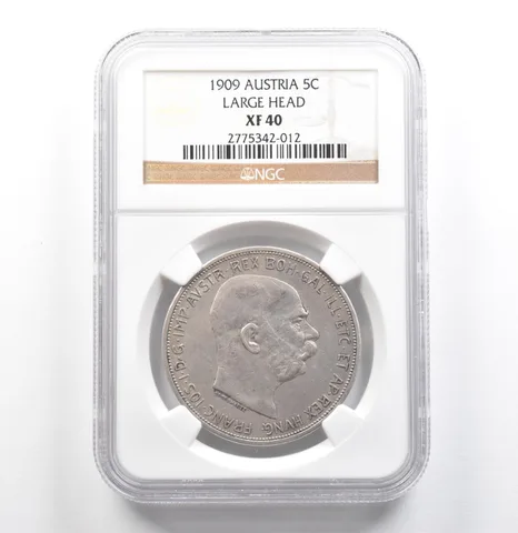 1909 Austria 5 Corona Large Head XF40 NGC *6850
