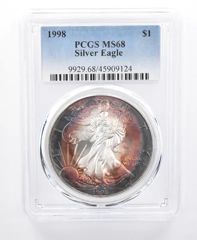 1998 American Silver Eagle MS68 PCGS Purple/Blue Tone *8668